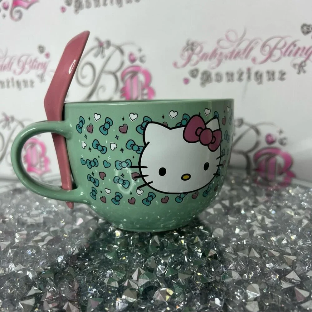 Hello Kitty mug cup with spoon matching attached Green Mug with Pink Spoon